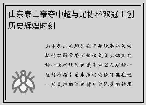 山东泰山豪夺中超与足协杯双冠王创历史辉煌时刻